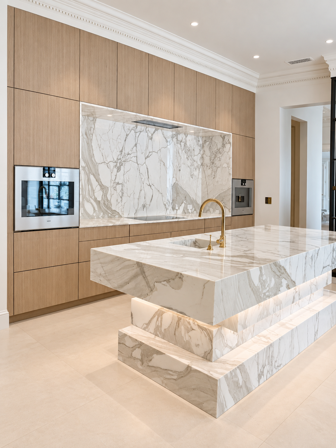Architectural kitchen with a sculptural marble island and full-height marble backsplash