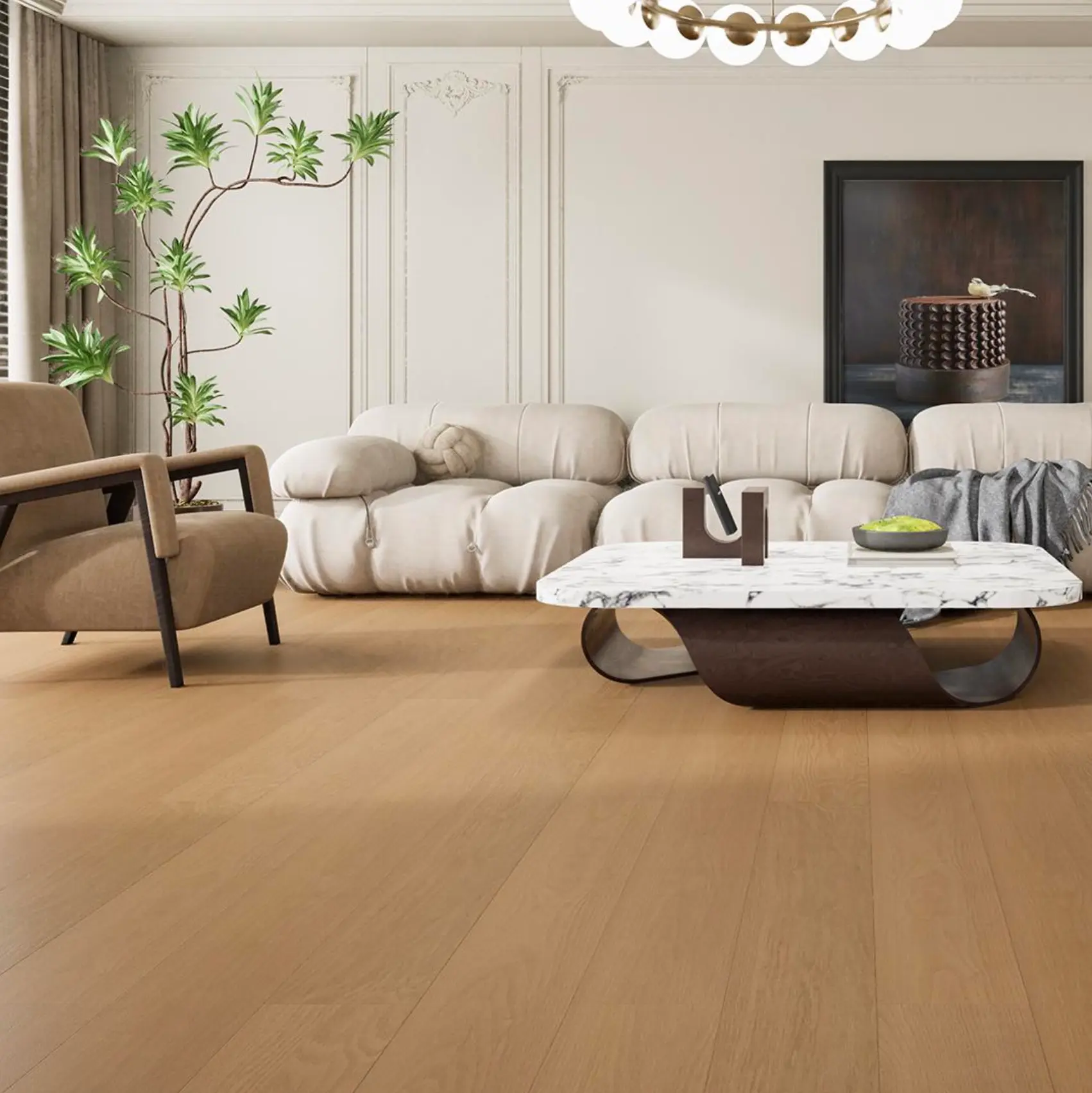 Interior laid with Goose Down engineered red oak flooring