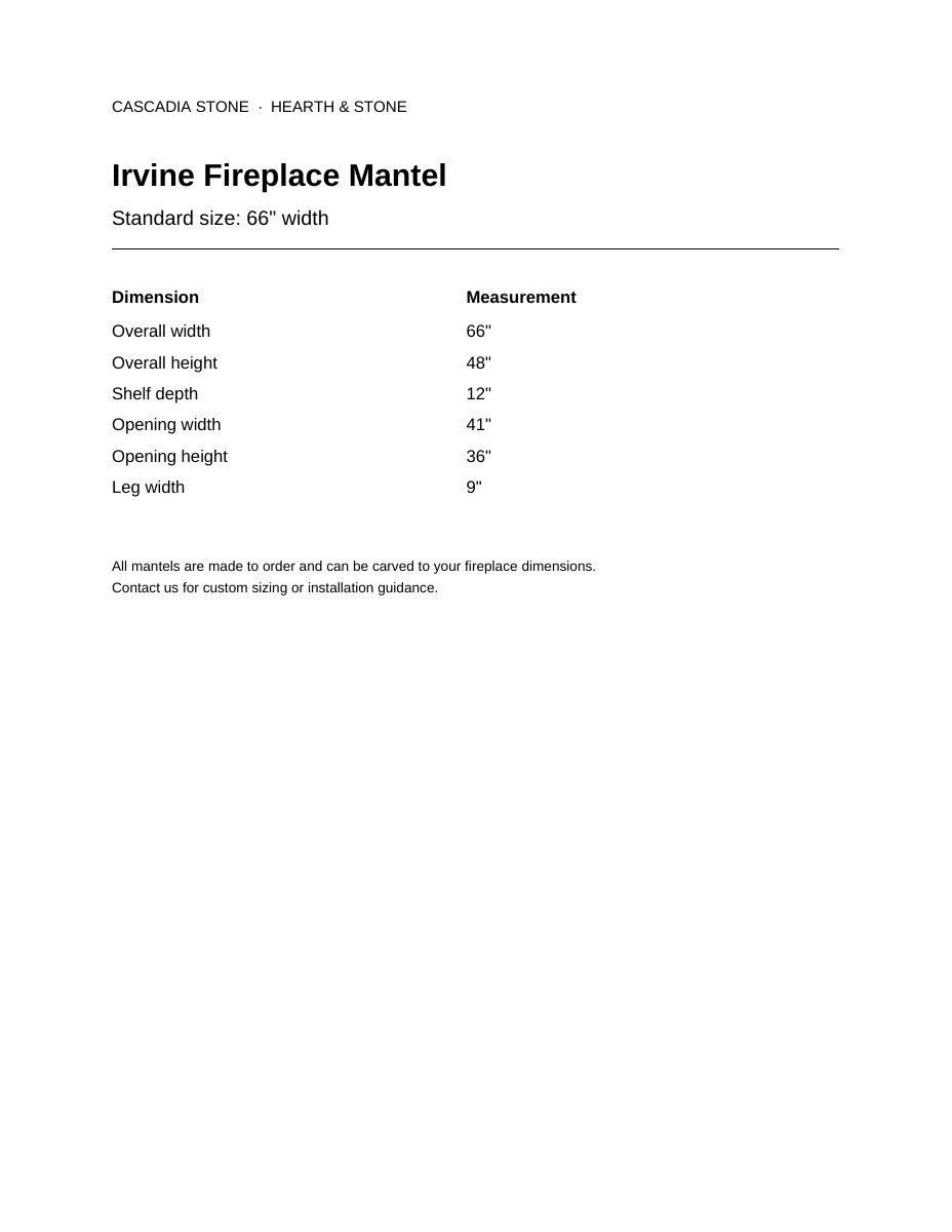 Irvine Fireplace Mantel 66" width dimensional drawing with measurement arrows