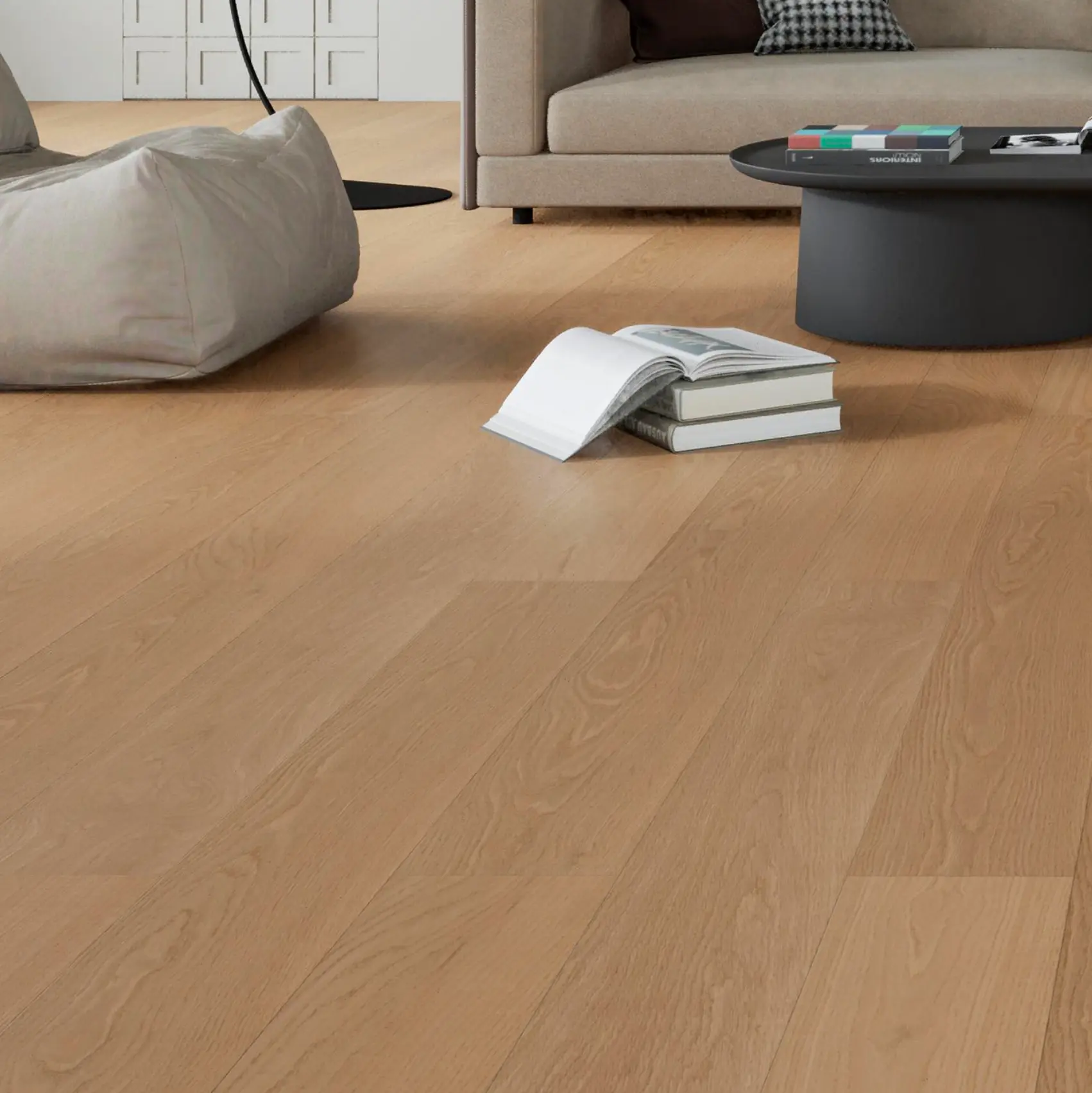 Champagne engineered white oak flooring boards in AB and CD grades