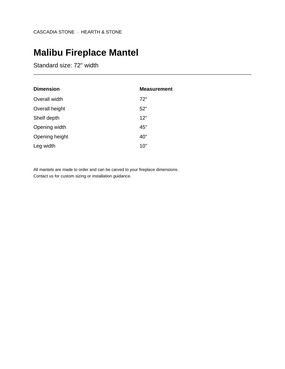 Malibu Fireplace Mantel 72" width dimensional drawing with measurement arrows