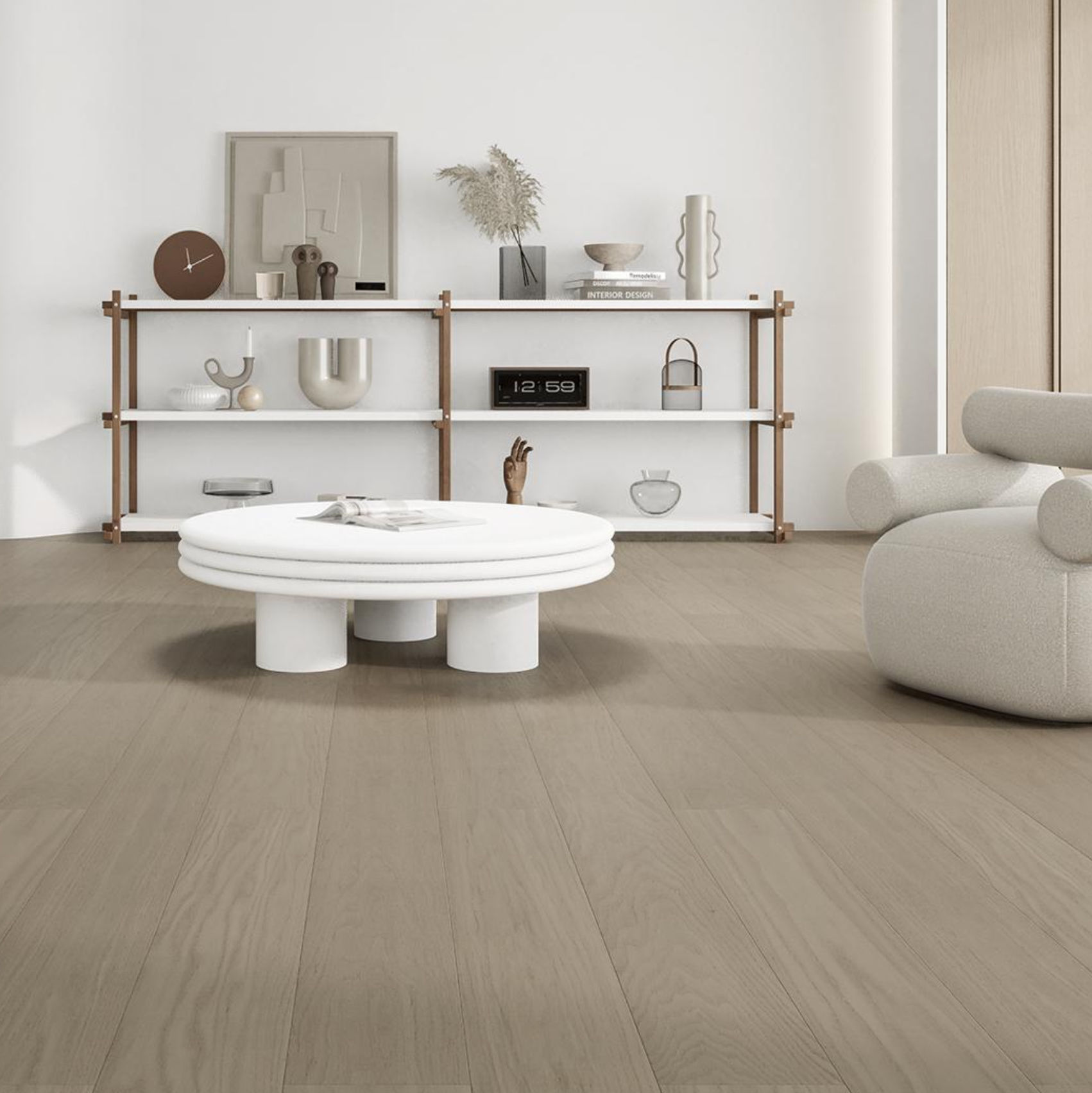 Interior laid with Morandi Grey engineered red oak flooring