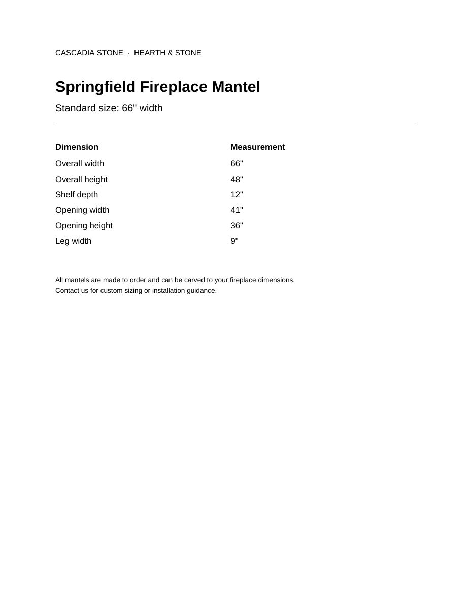 Springfield Fireplace Mantel 66" width dimensional drawing with measurement arrows