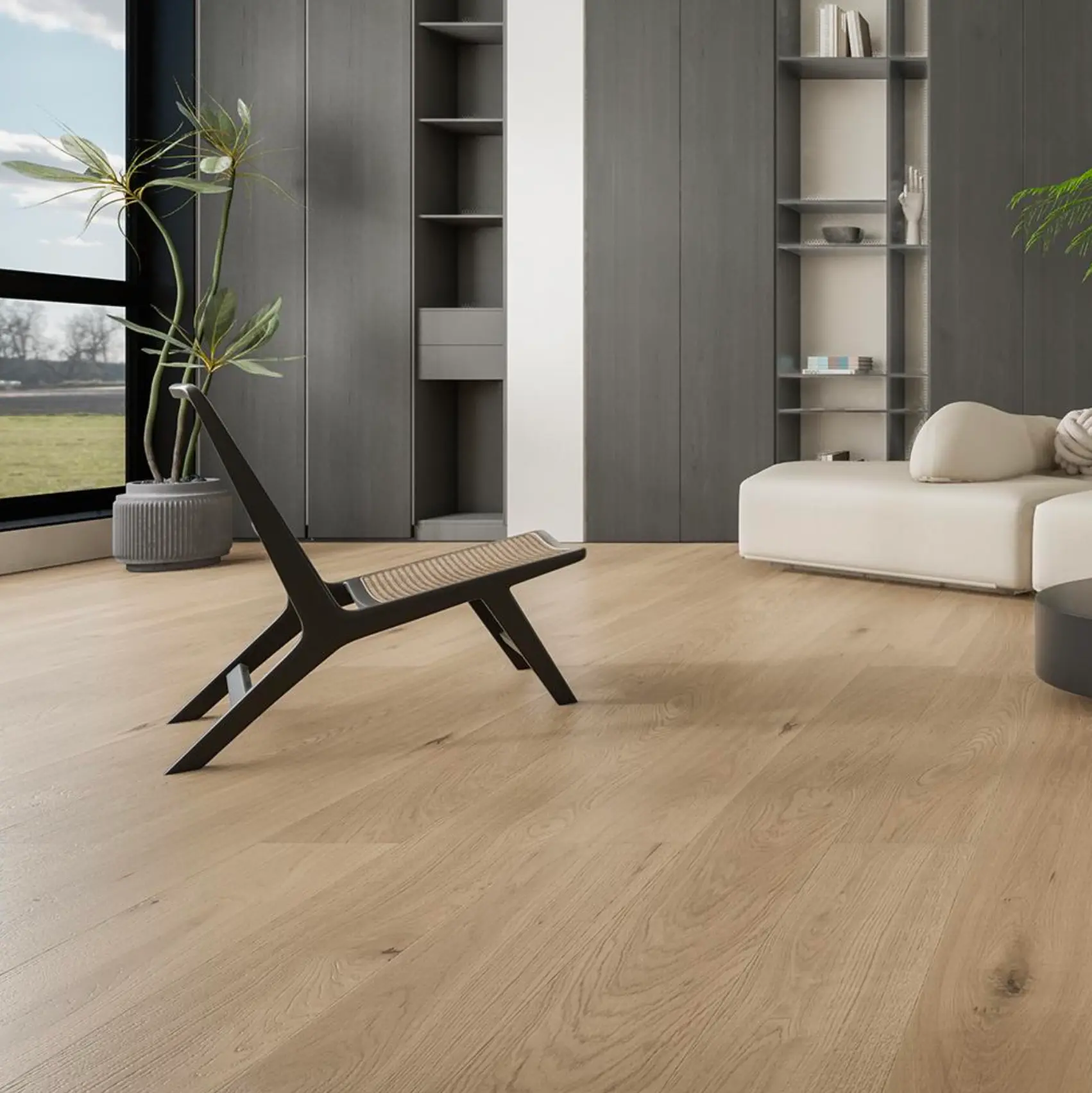 Living room laid with Invisible Natural engineered white oak flooring