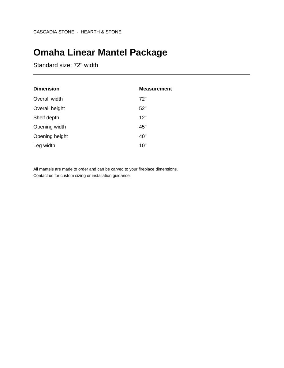 Omaha Linear Mantel Package 72" width dimensional drawing with measurement arrows