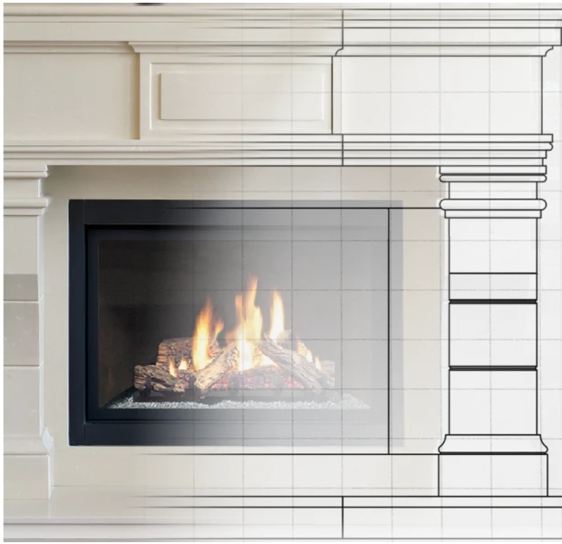 Stone fireplace mantel surrounding a lit fireplace insert