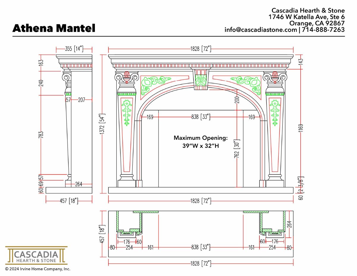 Athena Fireplace Mantel 72" width dimensional drawing with measurement arrows