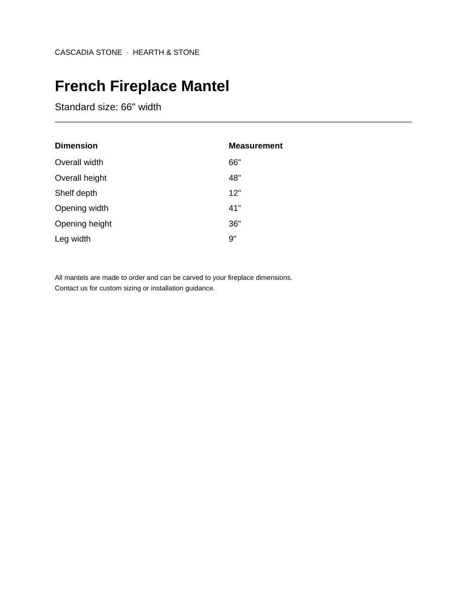 French Fireplace Mantel 66" width dimensional drawing with measurement arrows