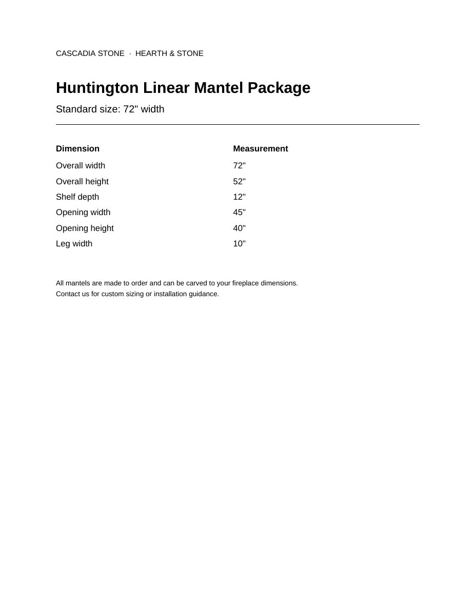 Huntington Linear Mantel Package 72" width dimensional drawing with measurement arrows