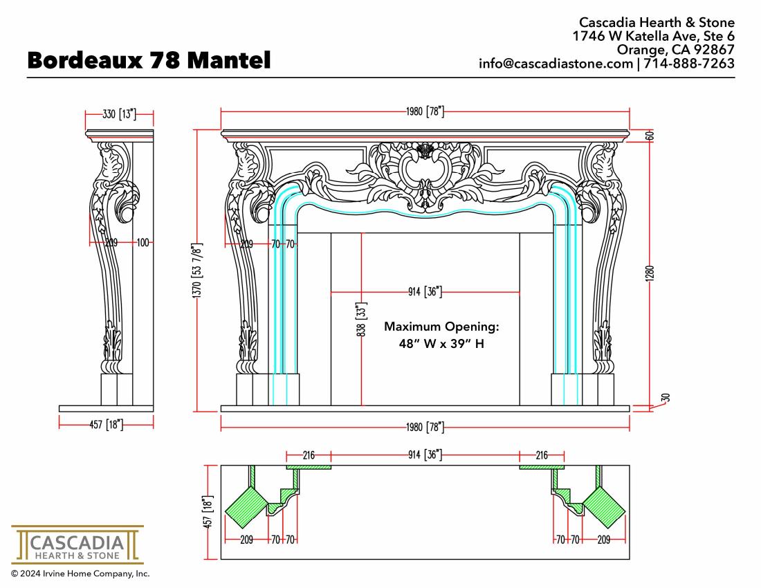 Bordeaux Fireplace Mantel 78" width dimensional drawing with measurement arrows