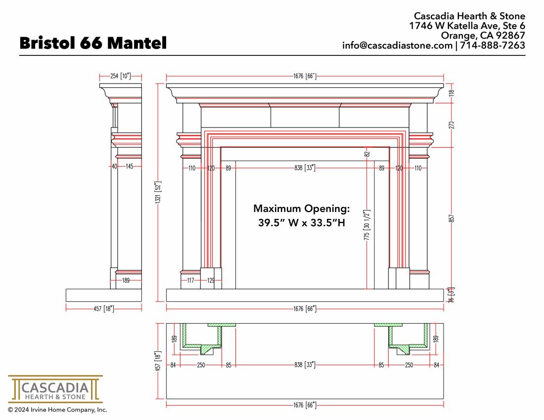 Bristol Fireplace Mantel 66" width dimensional drawing with measurement arrows