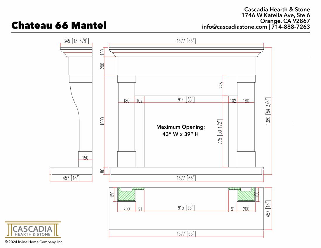 Chateau Fireplace Mantel 66" width dimensional drawing with measurement arrows