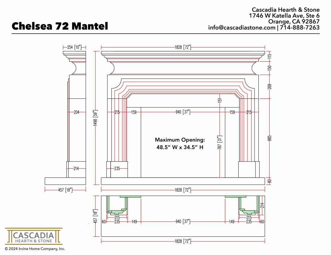 Chelsea Fireplace Mantel 72" width dimensional drawing with measurement arrows