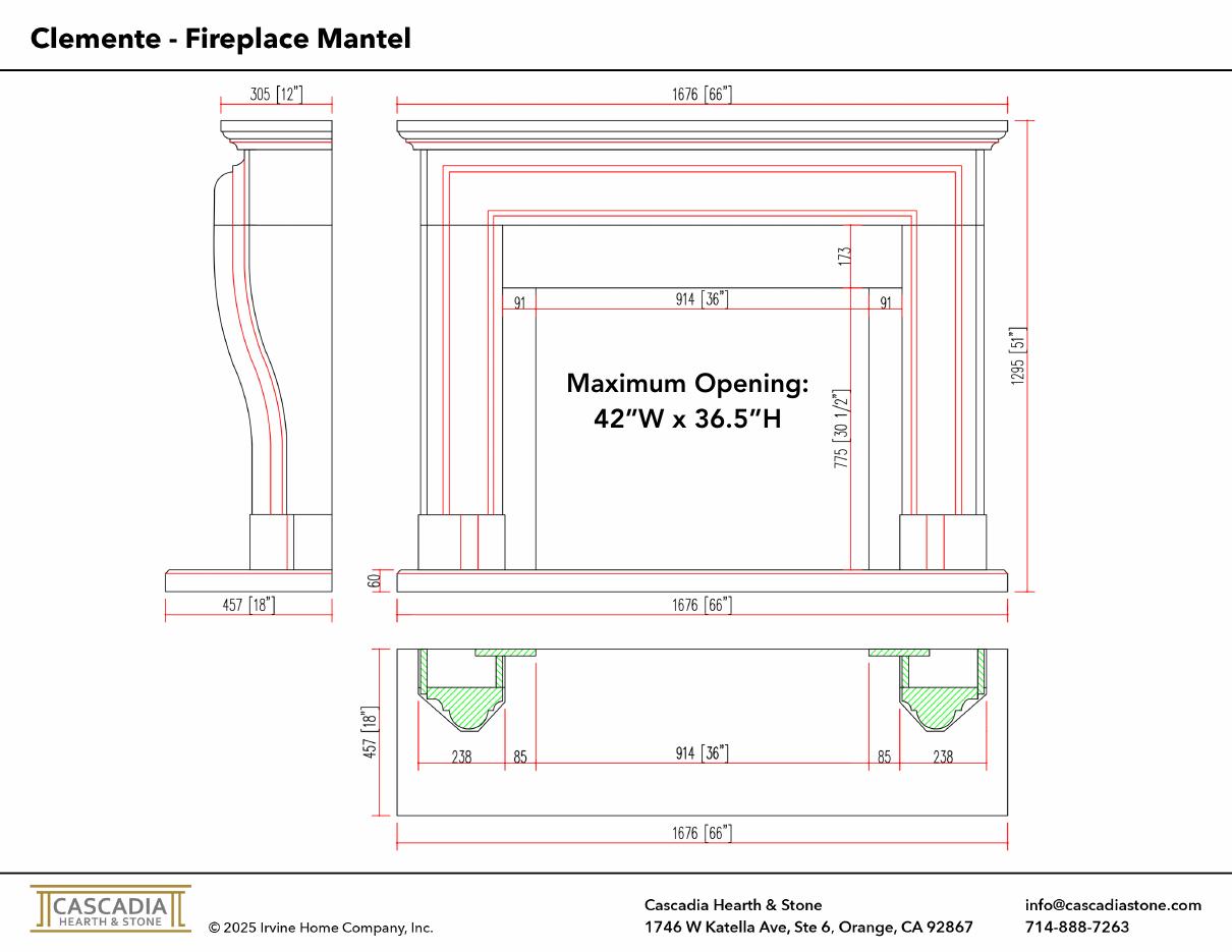 Clemente Fireplace Mantel 66" width dimensional drawing with measurement arrows