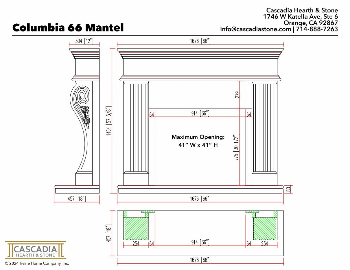 Columbia Fireplace Mantel 66" width dimensional drawing with measurement arrows