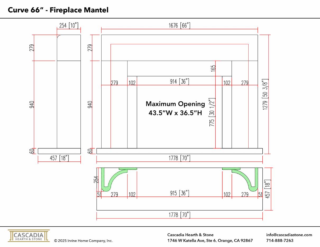 Curve Fireplace Mantel 66" width dimensional drawing with measurement arrows