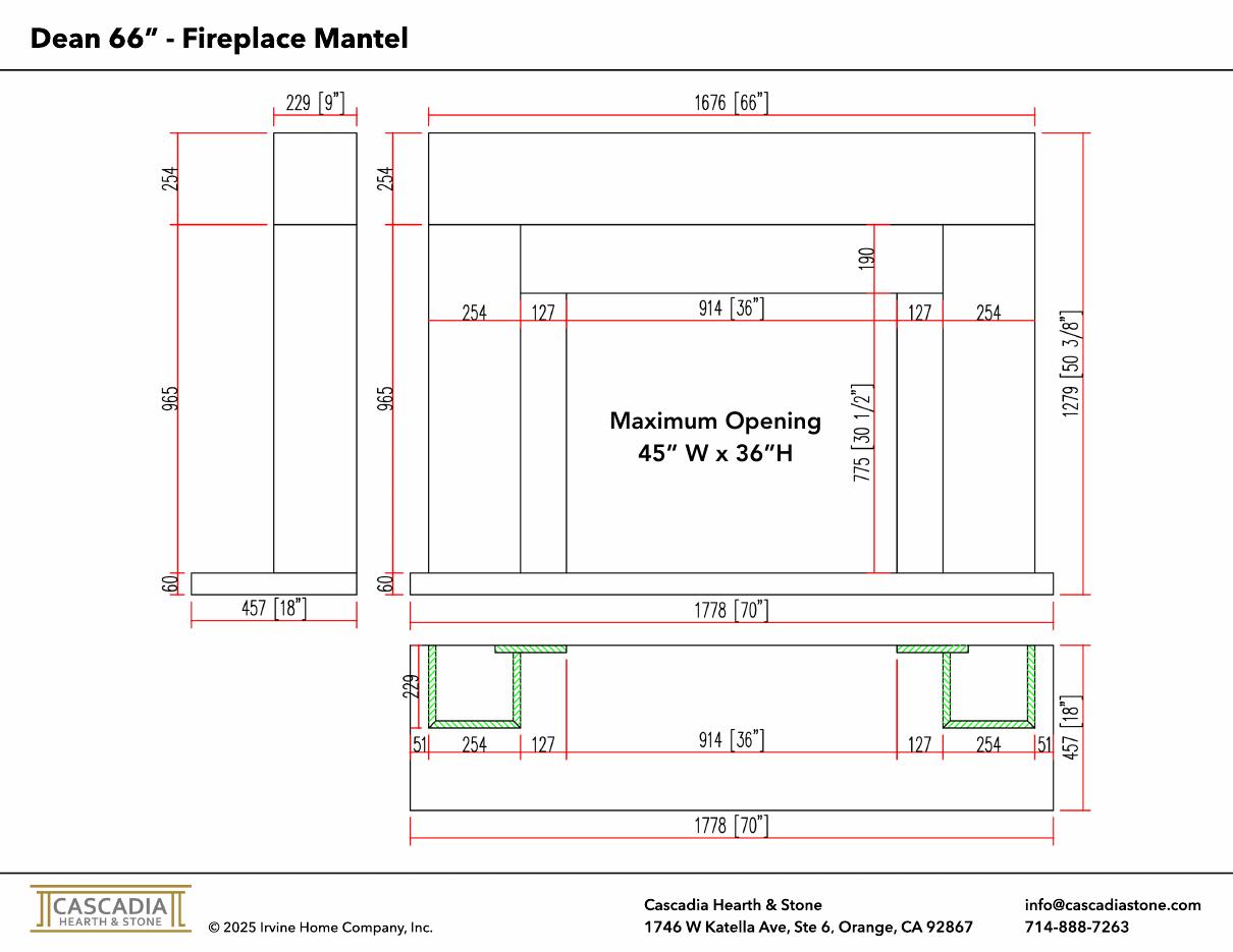 Dean Fireplace Mantel 66" width dimensional drawing with measurement arrows