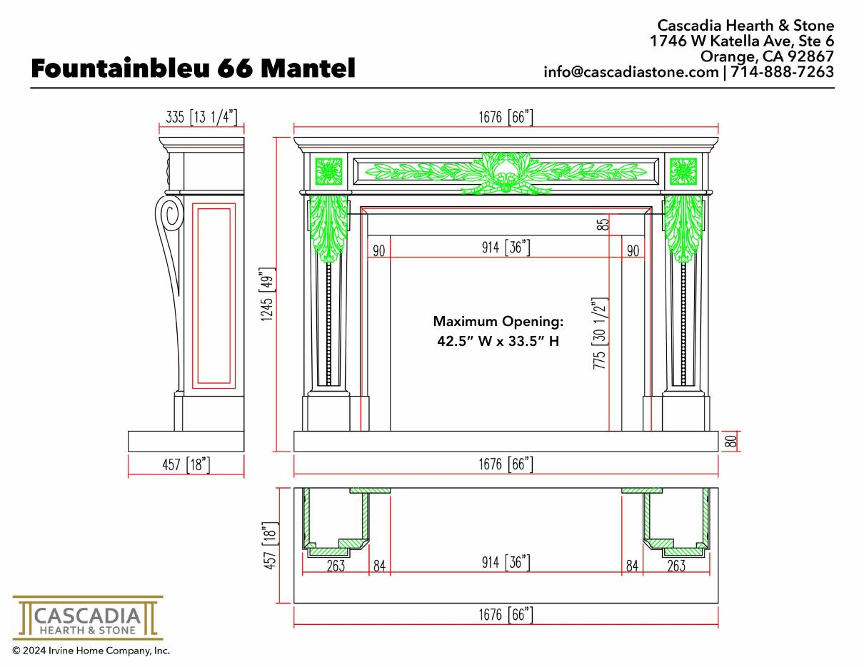 Fountainbleus Fireplace Mantel 66" width dimensional drawing with measurement arrows