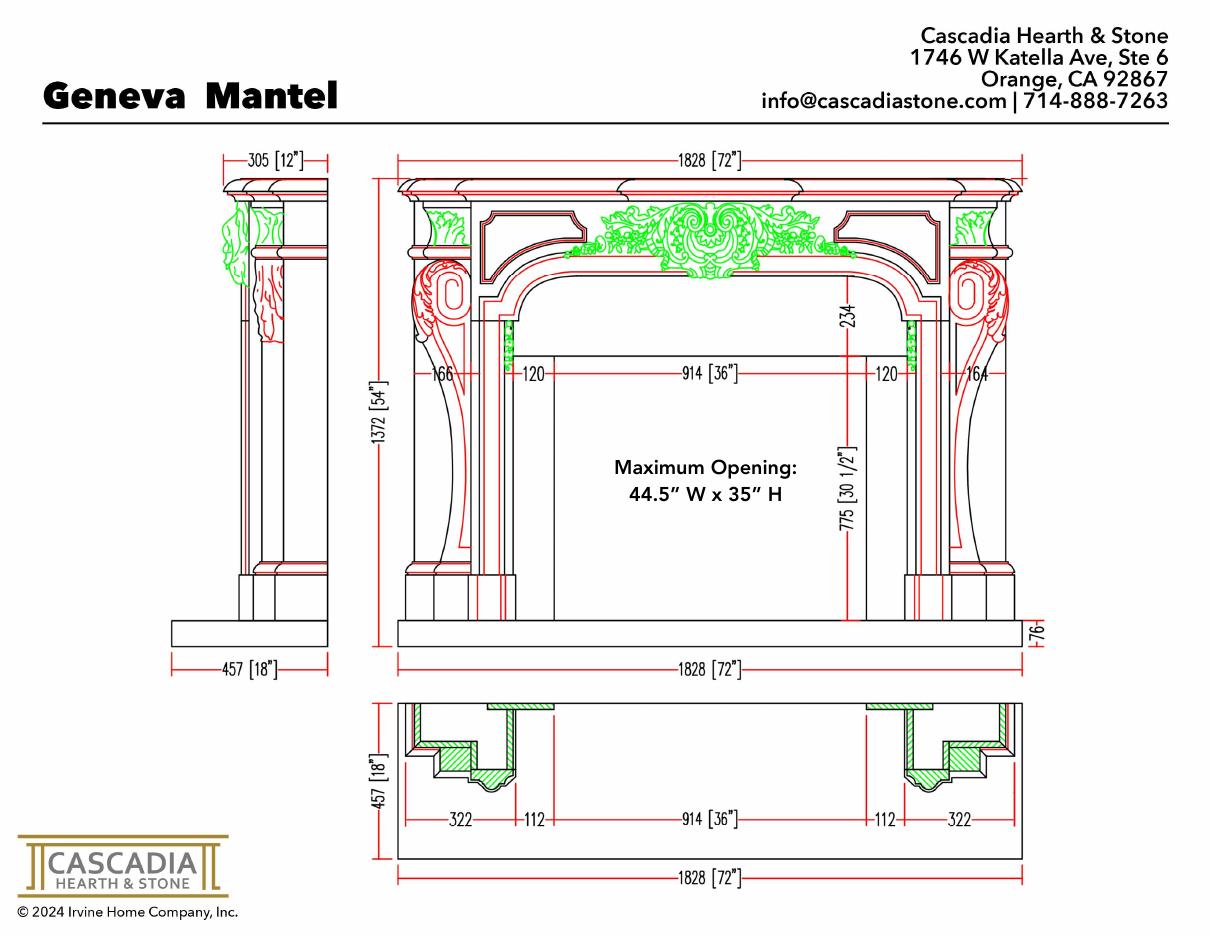 Geneva Fireplace Mantel 72" width dimensional drawing with measurement arrows