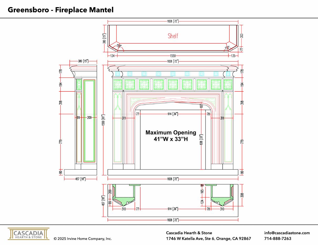 Greensboro Fireplace Mantel 72" width dimensional drawing with measurement arrows