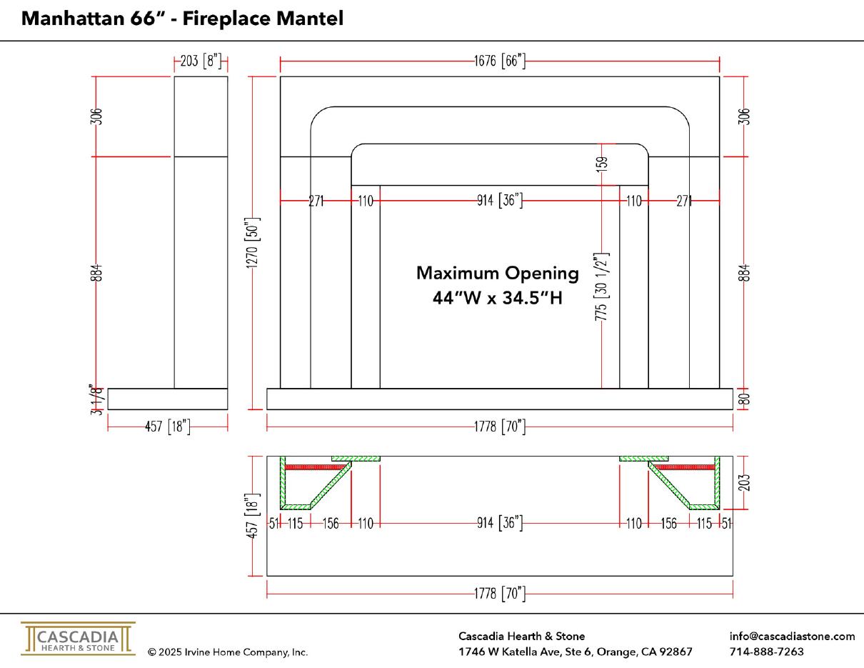Manhattan Fireplace Mantel 66" width dimensional drawing with measurement arrows