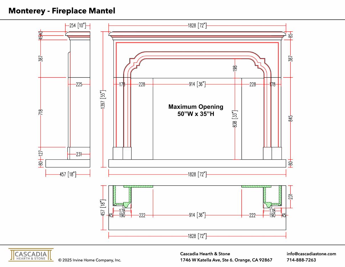 Monterey Fireplace Mantel 72" width dimensional drawing with measurement arrows