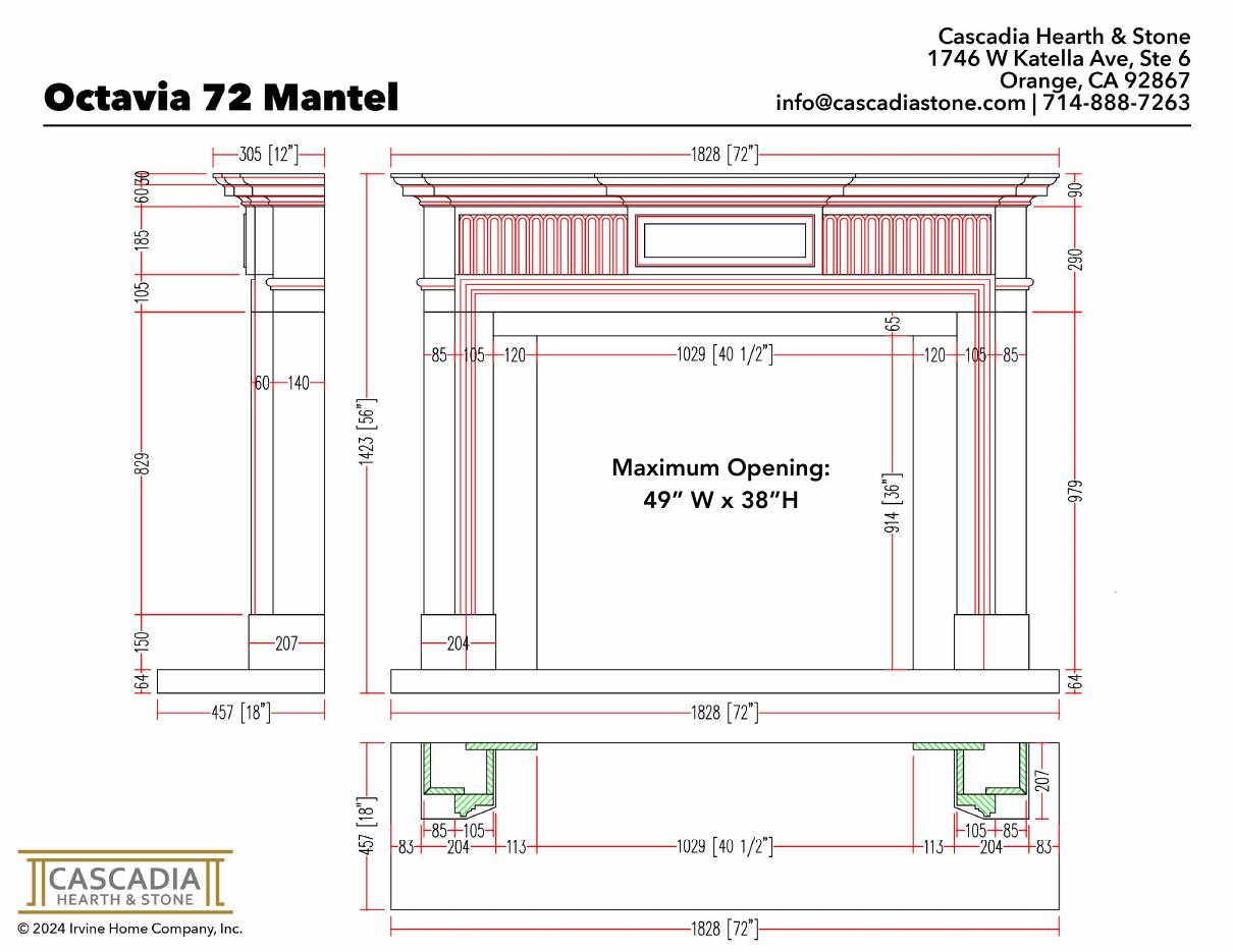 Octavia Fireplace Mantel 72" width dimensional drawing with measurement arrows