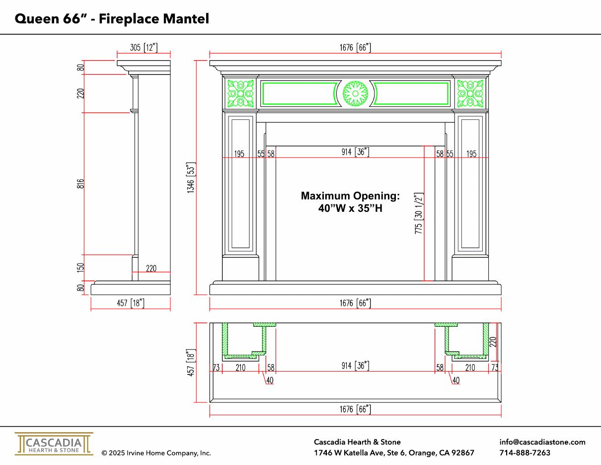 Queen Fireplace Mantel 66" width dimensional drawing with measurement arrows