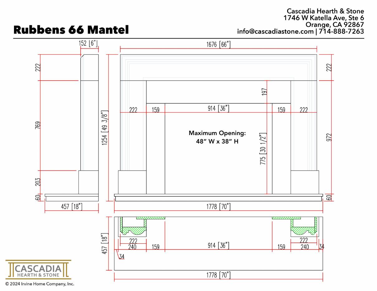 Rubbens Fireplace Mantel 66" width dimensional drawing with measurement arrows